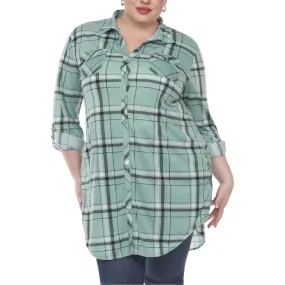 White Mark Womens Plus Plaid Button Down Tunic Top