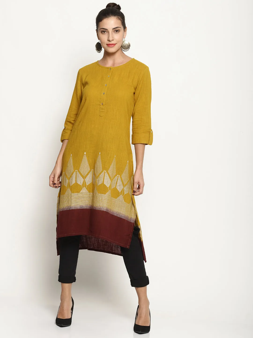 Yellow Dip Dye Kurta With Khadi Print