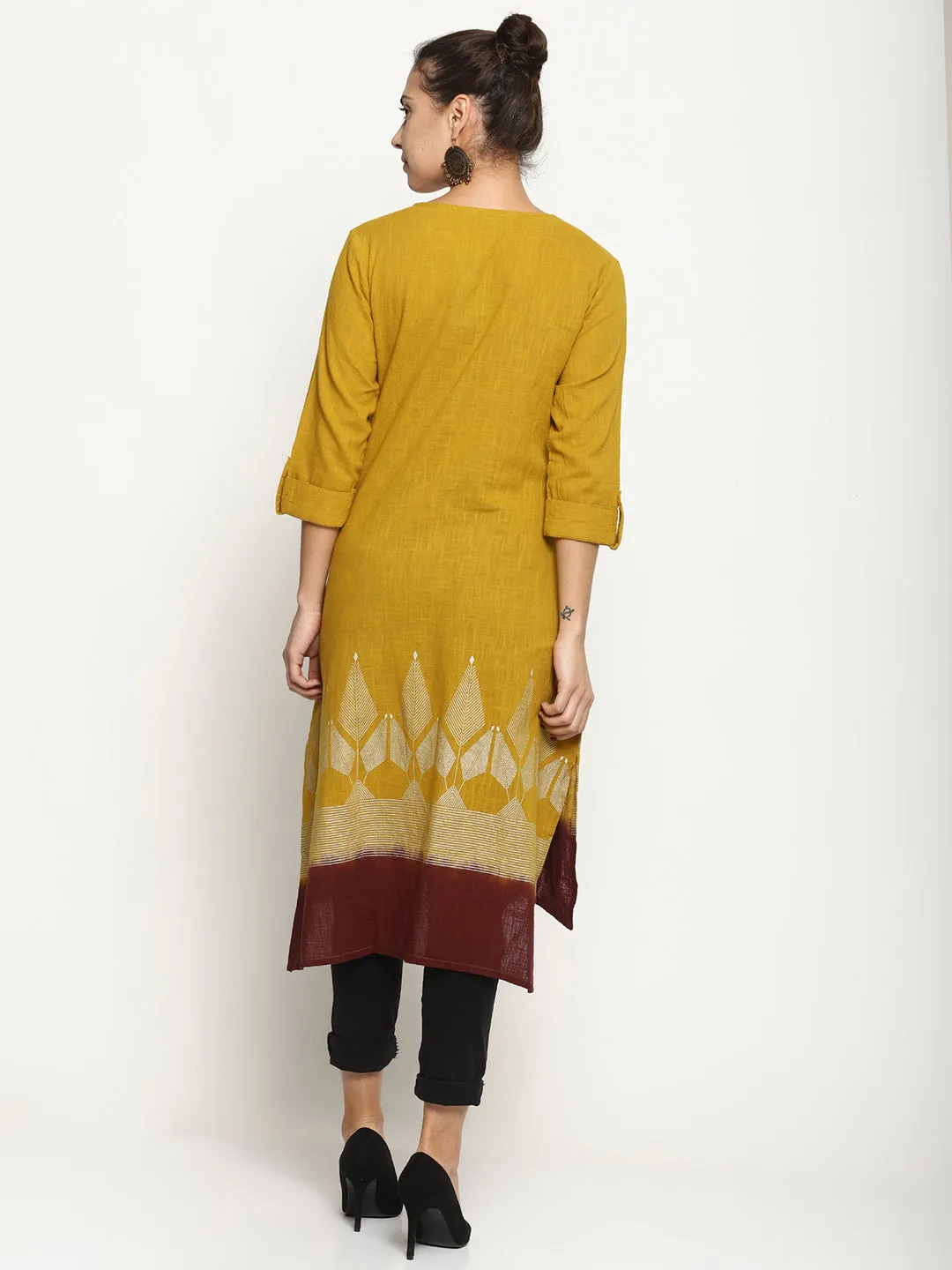 Yellow Dip Dye Kurta With Khadi Print