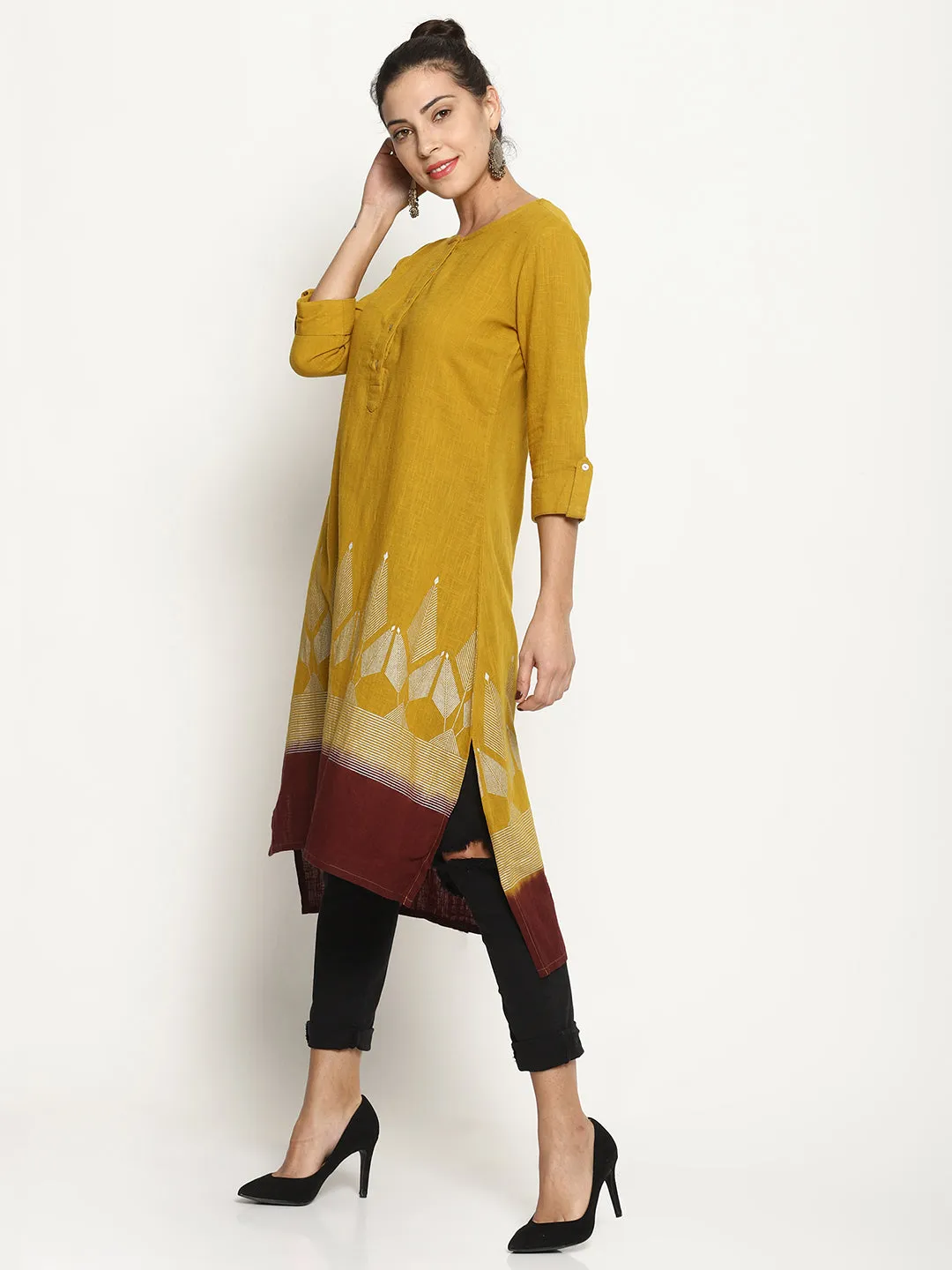 Yellow Dip Dye Kurta With Khadi Print