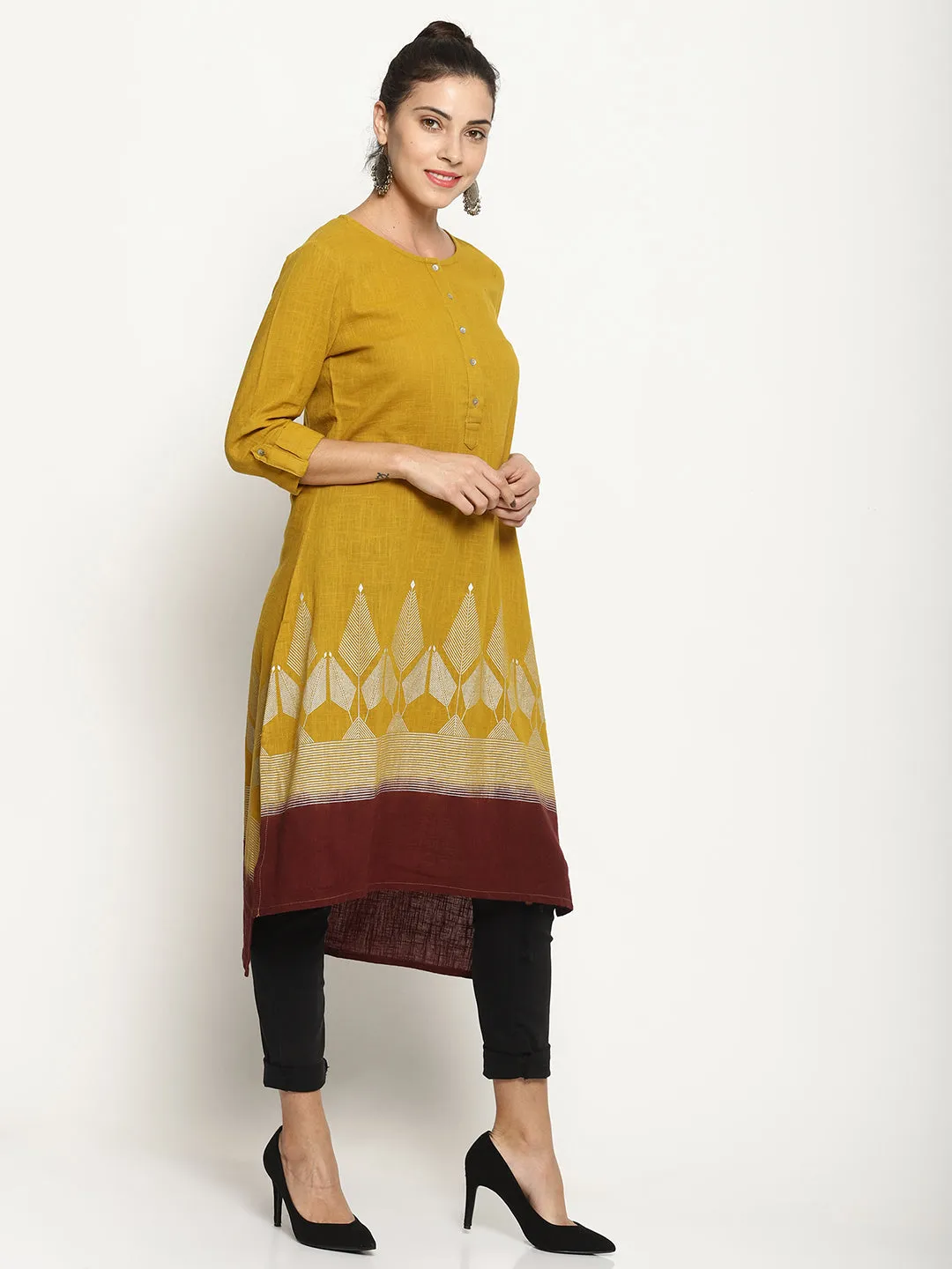 Yellow Dip Dye Kurta With Khadi Print