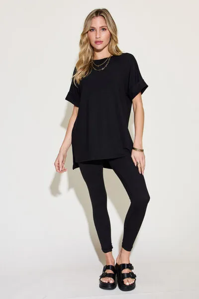 Zenana Full Size Short Sleeve Slit T-Shirt and Leggings Lounge Set