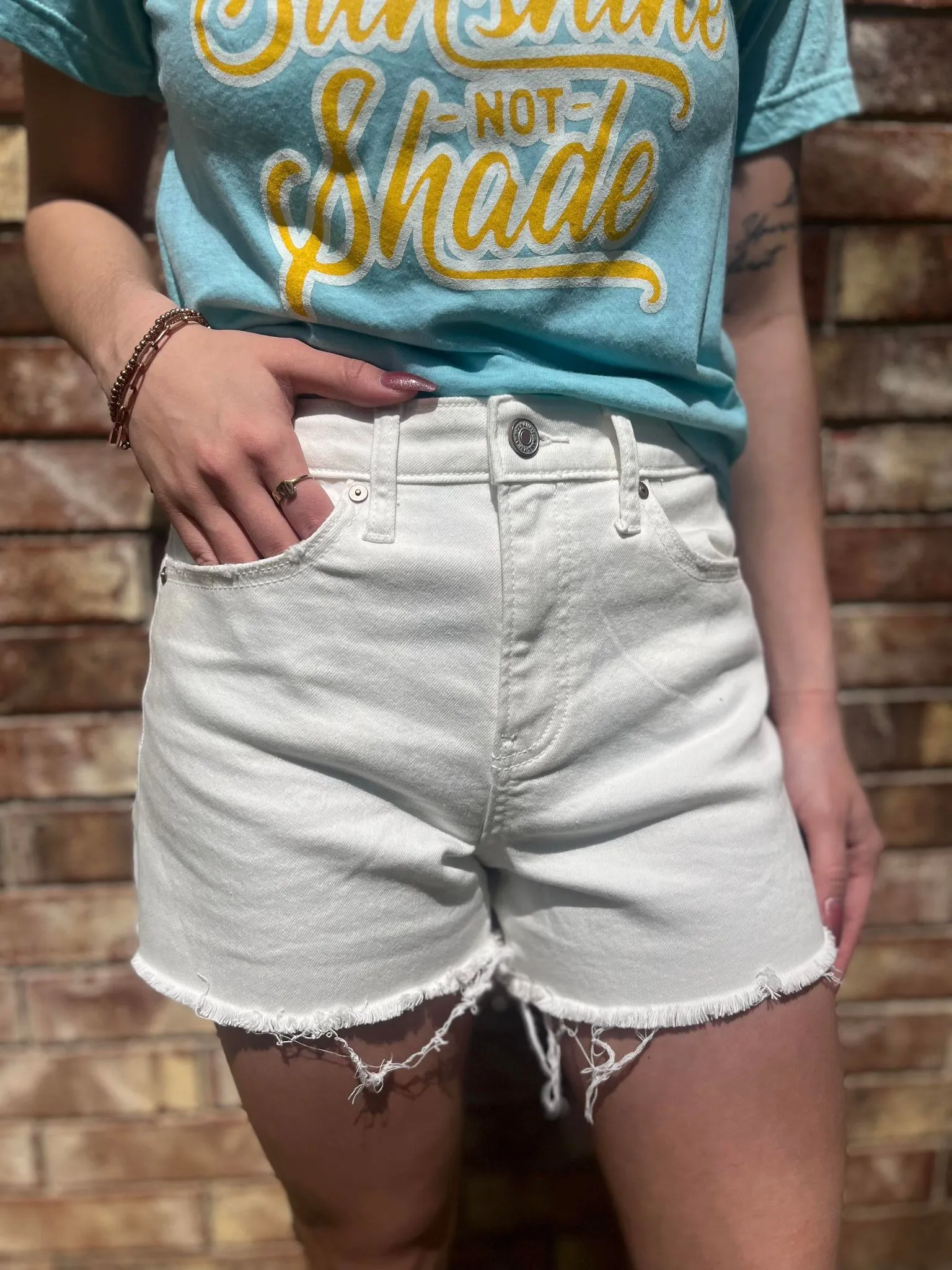 ZENANA RAW HEM WHITE DENIM SHORTS